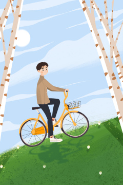 三月时节骑自行车在草坪郊游的青年男生