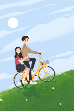 三月时节骑自行车在草坪露营郊游的青年男女