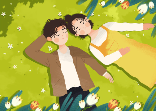 早春时节躺在草坪沐浴阳光的青年男女