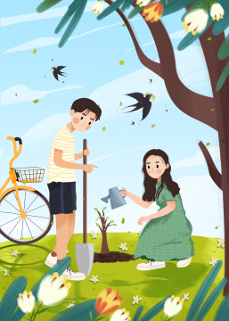 植树节保护环境浇水种树青年男女