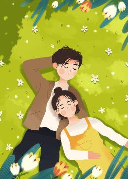 立春时节躺在草坪约会的一对青年男女