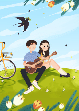 立春时节坐在草坪上弹吉他约会的青年男女