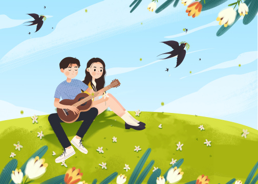 情人节草坪上弹吉他约会的青年男女