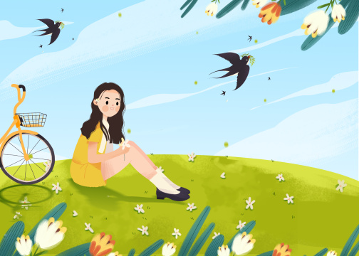 春天坐在草坪上的可爱的女生