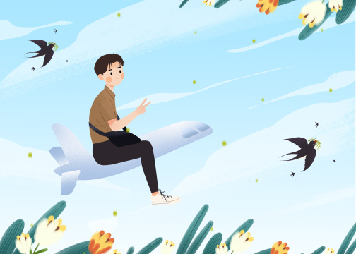 坐着飞机出发去旅行的青年男生