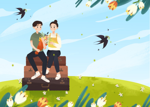 立春时节坐在行李箱上去踏绘画青的青年男女