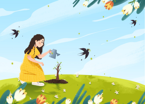 植树节正种树浇水的可爱小女孩