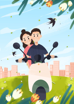 情人节骑着电瓶车载着女朋友去旅行的男生