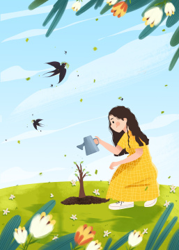 植树节正种树浇水的可爱小女孩