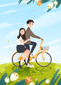 一起骑自行车去旅行的一对青年男女