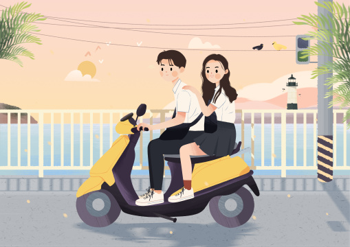 骑着电瓶车载着女朋友约会的男生