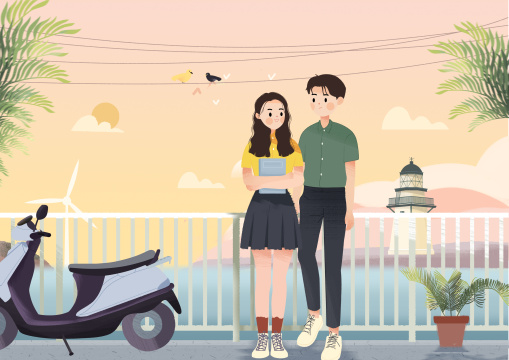 在夏天的海边约会的男生女孩