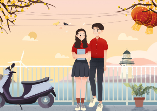 喜气洋洋的街道约会的男孩女孩