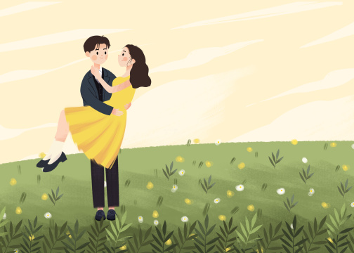 在草坪浪漫约会的幸福情侣