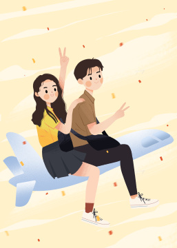 坐在飞机上一起出发去旅行的男孩女孩