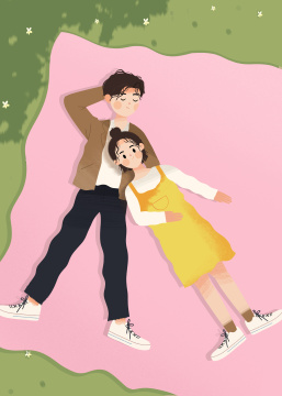 情人节在躺在草坪约会的男孩女孩