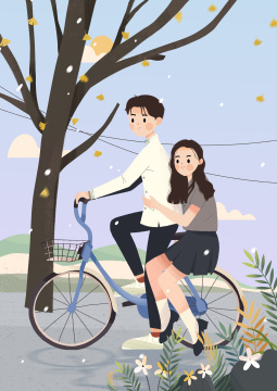 秋分节气骑自行车的一对青年男女