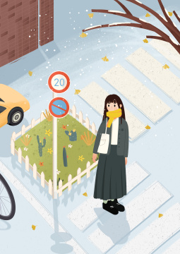 寒冷的天气里在街道上站立驻足的戴围巾可爱女孩——立冬