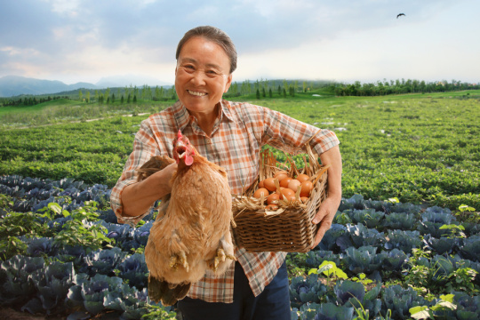 站在田间的农民拿着鸡和鸡蛋