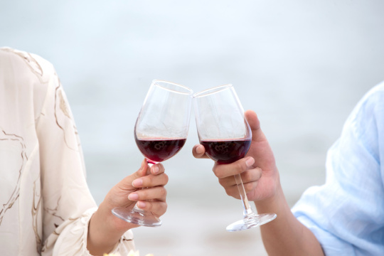 浪漫的青年夫妇举起酒杯