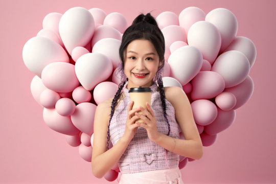 拿着奶茶的快乐女人