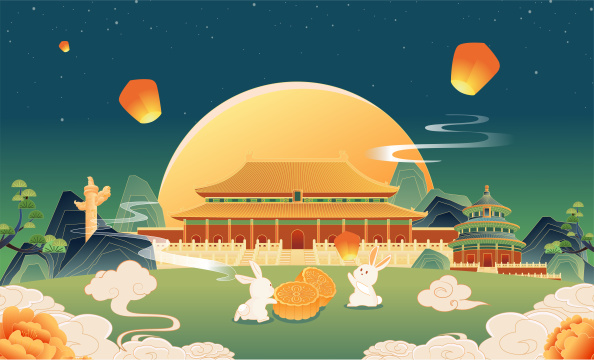中秋国风建筑插画