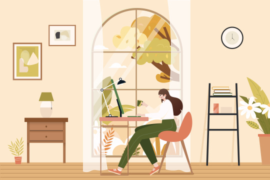 秋季卧室办公插画