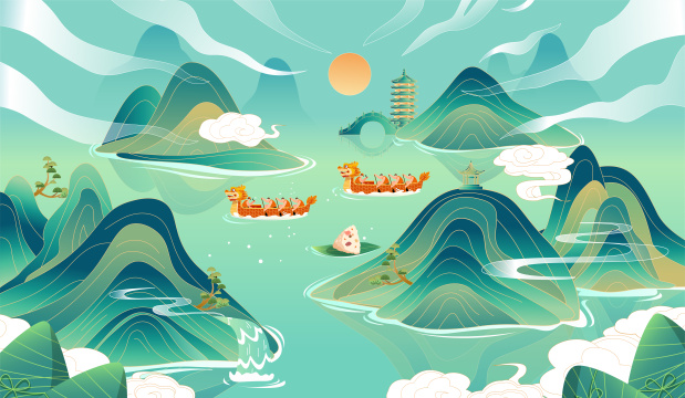 国潮龙舟山水插画