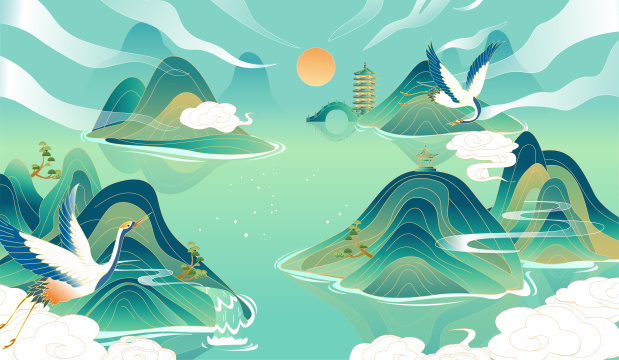 国潮山水背景插画
