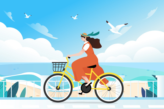 夏日海边骑车插画