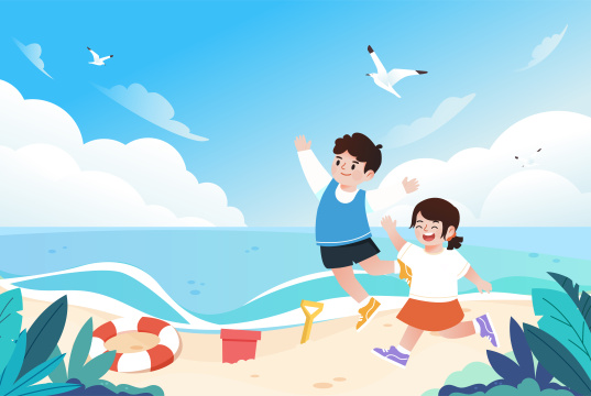 小朋友在海边玩耍插画