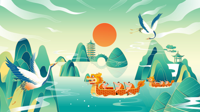 国风龙舟比赛插画