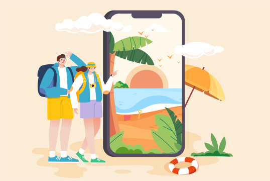 情侣一起去海边度假插画