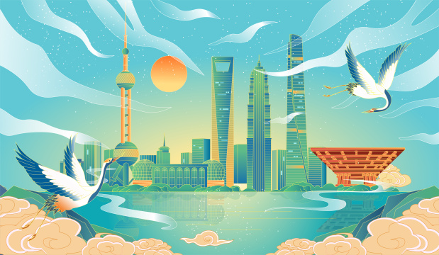 国风上海城市插画