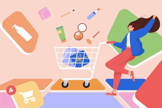 女孩把商品放入购物车插画