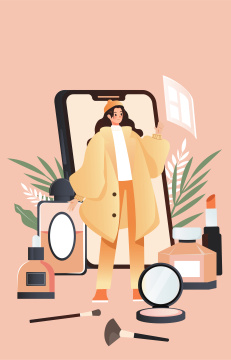 一个女孩在移动互联网上买化妆品