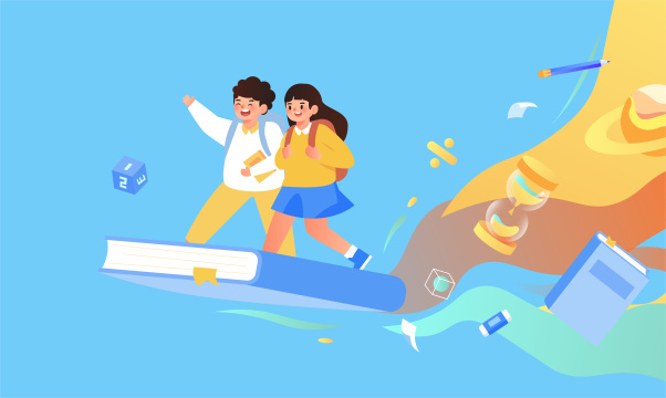 小学生在书本上飞行插画