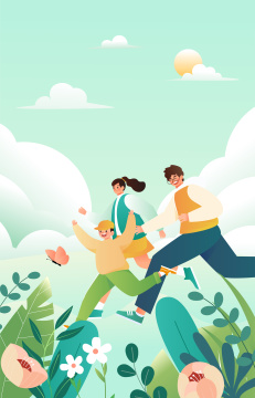 一家人奔跑着出游插画