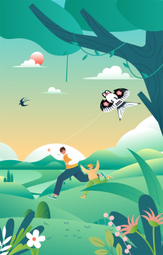 父子一起春天放风筝插画