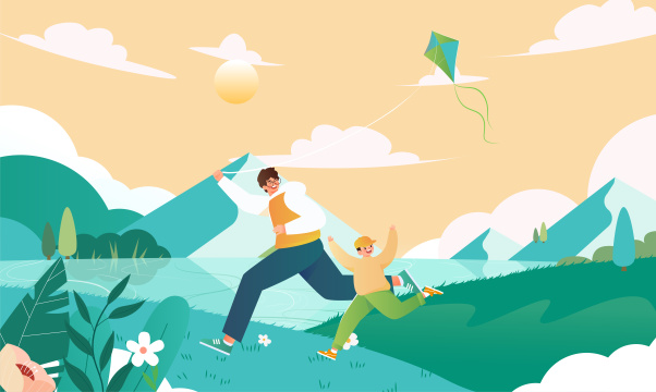 父子在草地上放风筝