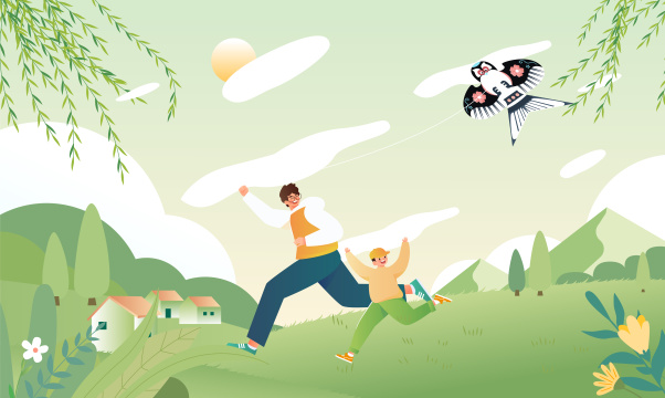 春天父子游玩踏青插画