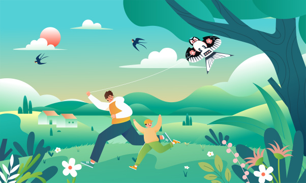 春天踏青放风筝插画
