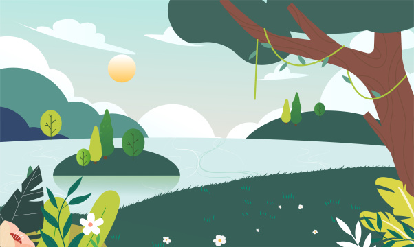 春天湖水插画背景