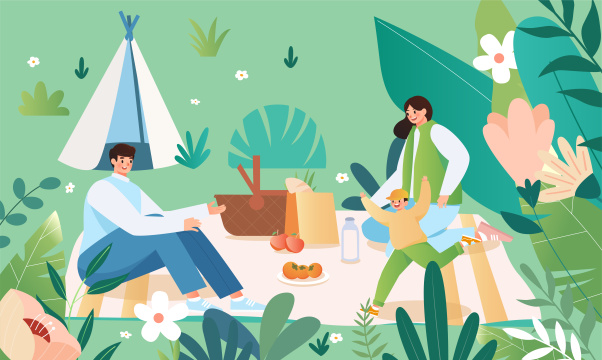 一家人春天野餐露营插画