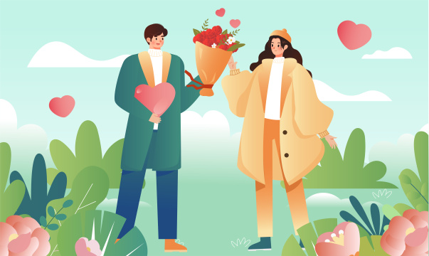 春季情侣送鲜花插画