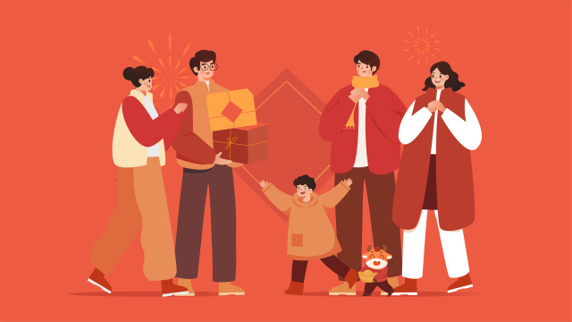 春节一家人拜年插画