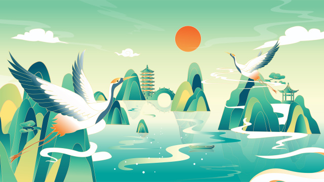 仙鹤中国风山水画背景矢量插画
