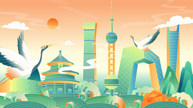 仙鹤中国风城市背景矢量插画