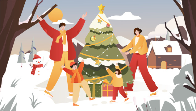 一家人雪地过圣诞插画