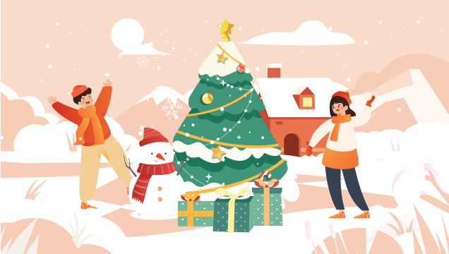 小孩圣诞树玩耍插画